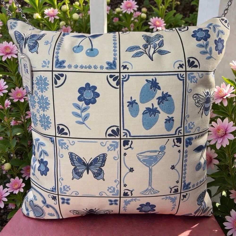 NWT Soft Chenille Throw Pillow Blue White 20x20 Martini Butterfly Flowers Fruit